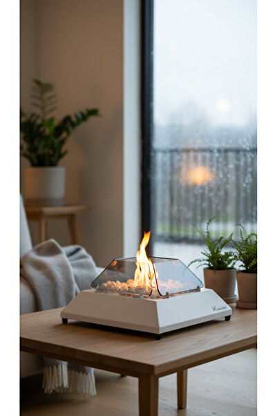 Vanguard Metal Beyaz Renk Masaüstü Şömine Sertifikalı Yakıt Ve Dekoratif Taş ...