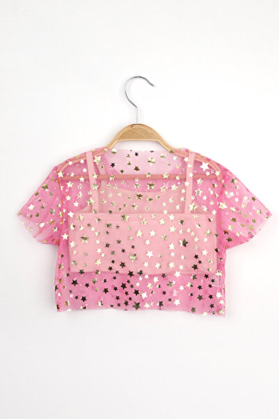 Le Mabelle Pink Star Printed Girl's Tulle Crop