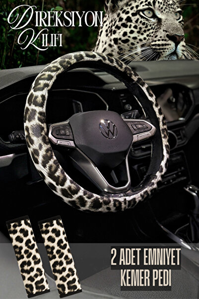PlusOto Kadınlara Özel Leopar Direksiyon Kılıfı ve 2 Adet Emniyet Kemer Pedi, Geçmeli Direksiyon Kılıf