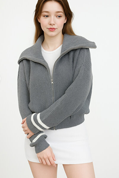 Vireo Club Gri Devrik Yaka Fermuarlı Hırka