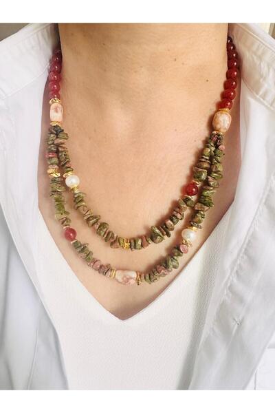 DEVİ fashion Akik Unakit Doğal Taş Gerçek İncili Kolye 53 cm