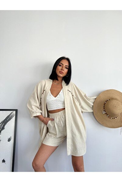 AsprinFashion Bead Detail Kimono Shorts Set