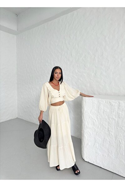 AsprinFashion طقم تنورة قصيرة من قماش كرينكل مع أزرار على شكل صدفة البحر