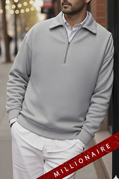 Millionaire Men's Gray Fleece Oversize Sweatshirt - Half Zipper, 3 Thread