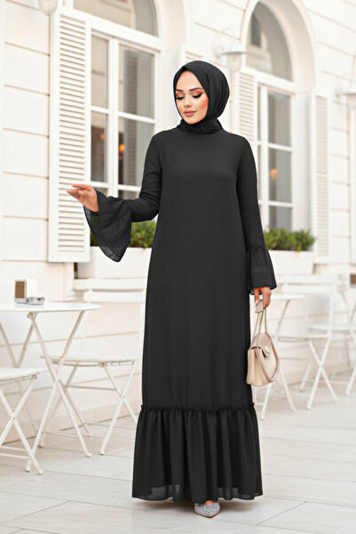 Neva Style Kol Ucu Volanlı Siyah Tesettür Elbise 5729s