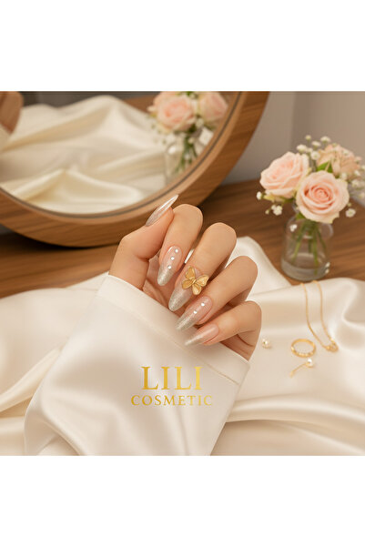 Lili Cosmetic Taşlı Kelebek Motifli Gri Sim Uçlu Takma Tırnak 12li
