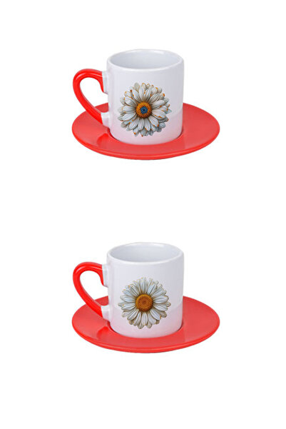 giftkonsept Daisy Printed Red 4-Piece Porcelain Turkish Coffee Cup Set