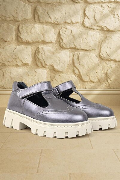 Rakerplus Pantofi de școală pentru fete, piele naturală, platină, crem, talpă Velcro