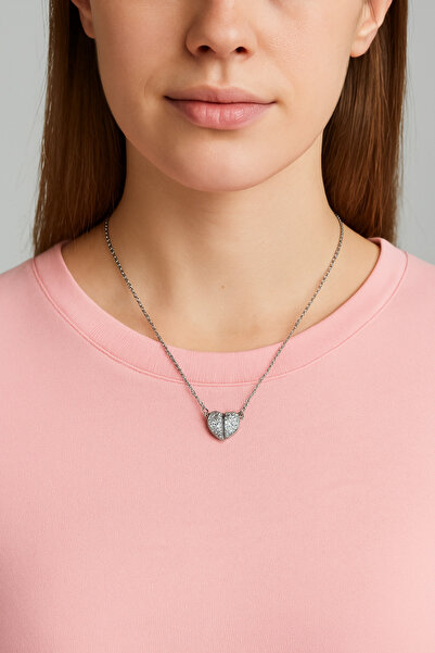 PİRLENTO قلادة مغناطيسية قابلة للطي من حجر الزركون باللون الفضي على شكل قلب ن...