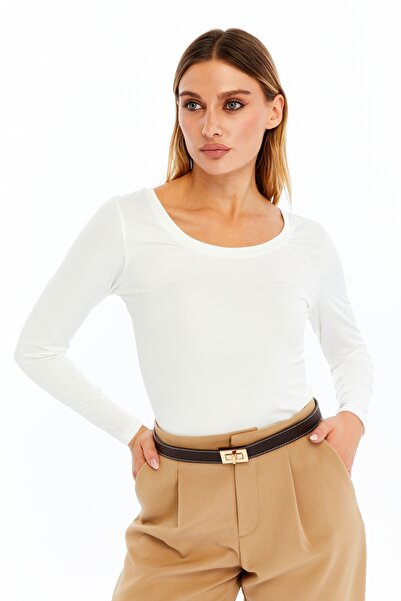 VERANOYA Oval Neck Long Sleeve Blouse White