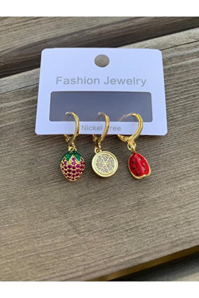 Z&T ACCESORIES KARPUZ ÇİLEK TAŞLI SET KÜPE ÇELİK