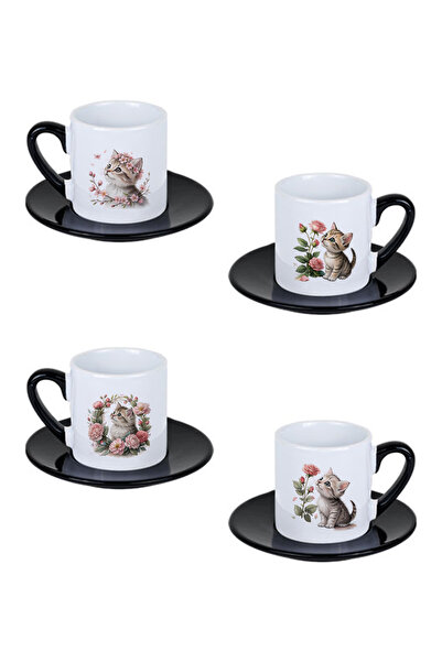 giftkonsept Cute Kitten Printed Black Set of 4 Porcelain Turkish Coffee Cups