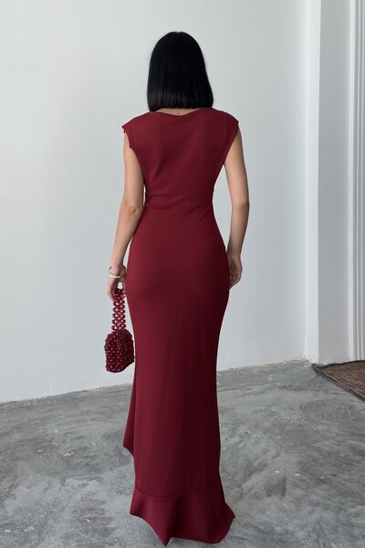 ALFUDO Moda Collection Kadın Bordo Scuba Dalgıç Kumaş Kruvaze Yaka Eteği Volanlı Abiye Mezuniyet Nikah Elbise