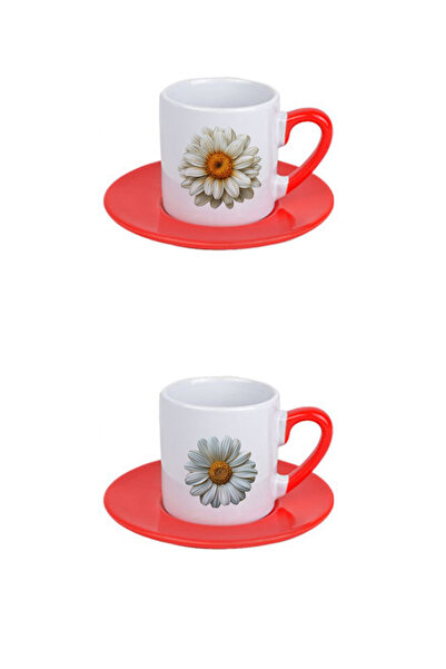 giftkonsept Daisy Printed Red 4-Piece Porcelain Turkish Coffee Cup Set