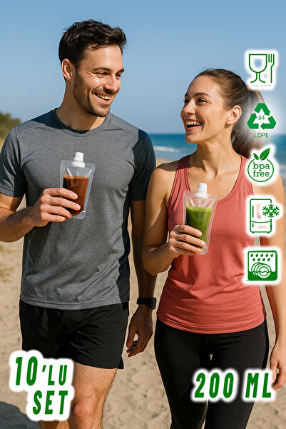 Ezupack 200ml 10'lu Smoothie Detoks Ginger Şeffaf Plastik Sızdırmaz Organik Meyve Suyu Meybuz İçecek Poşeti