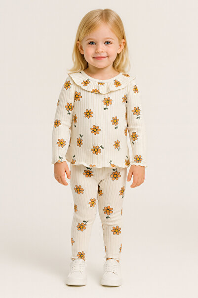 minibambi Tricotaj pentru fete Set de sus și de jos cu flori Cremă