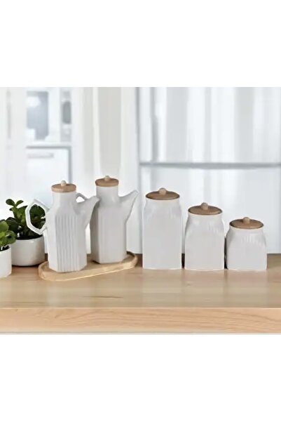 Kitchen Pembelia 2’li Set 6 Parça Bambu Standlı Prizma Porselen 1000ml Yağdan...