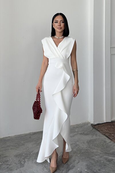 ALFUDO Moda Collection Țesătură Scuba Diver Albă de Damă Fustă Guler Dublu Ro...