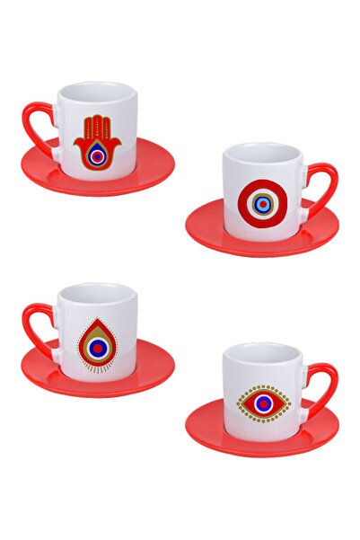 giftkonsept Evil Eye Bead Patterned Printed Red Set of 4 Porcelain Turkish Coffee Cups