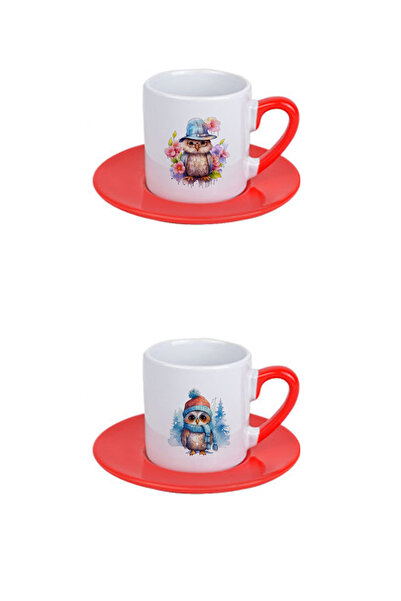 giftkonsept Cute Owls Printed Red 4-Piece Porcelain Turkish Coffee Cup Set
