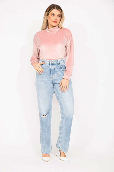 Şans Women's Large Size Blue Wash Effect Ripped Detailed High Waist Jeans 65N37274