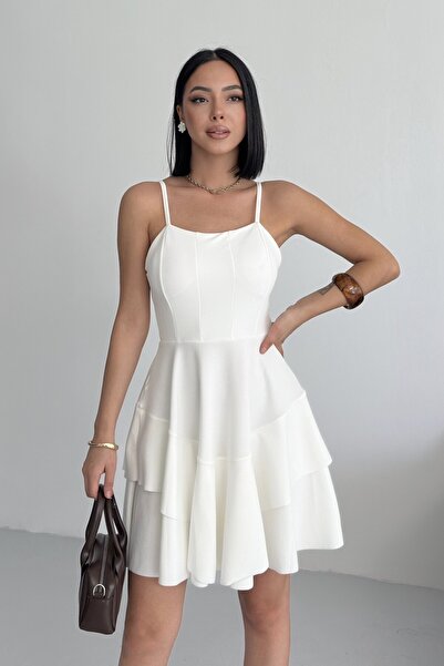 ALFUDO Moda Collection Ince Askılı Eteği Kat Detay Beyaz Abiye Mezuniyet Elbisesi