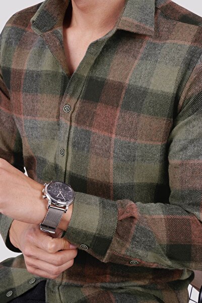 Etikmen Πράσινο καφέ Slimfit Ξυλοκόπος πουκάμισο - Μεταβατικό, Κουτί δώρου