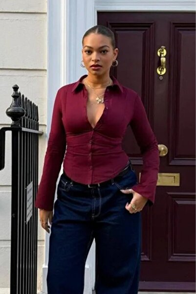 shop Μακρυμάνικο πουκάμισο με μπορντό χρώμα HL150