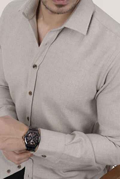 Etikmen Молочно-кавова однотонна чоловіча сорочка Lumberjack Slimfit з подарунковою коробкою