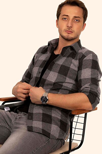 Etikmen Černá kouřová šachovnicová dřevorubecká pánská košile Slimfit