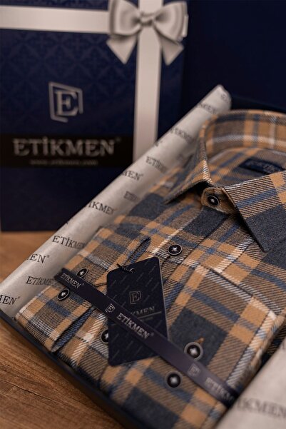 Etikmen Férfi Slimfit favágó ing - mustár sötétkék, ajándékdobozban