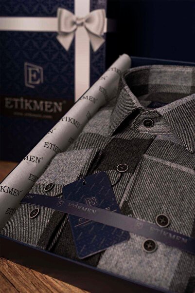 Etikmen Černá kouřová šachovnicová dřevorubecká pánská košile Slimfit