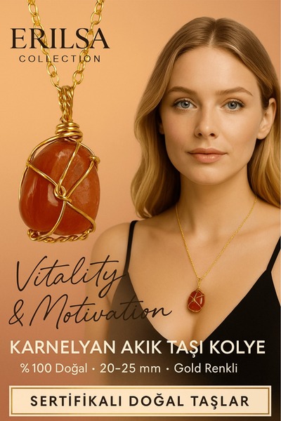 Tesbih Atölyesi Sertifikalı Gold Renkli Karnelyan Akik Doğal Taş Kolye – Enerji ve Motivasyon Taşı