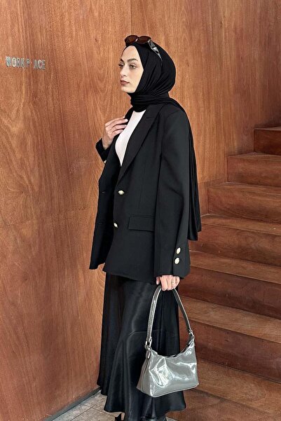 lamelif Black Blazer Jacket - Gold Buttoned