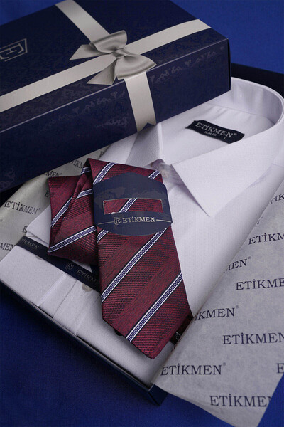 Etikmen Beyaz Armür & Bordo Çizgi Desen Hediye Kutulu Gömlek Kravat Seti
