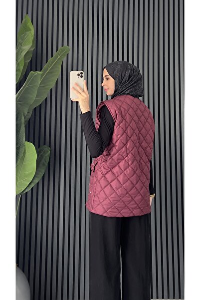 Molly Nelly Women's Stylish Stone Detailed Lined Quilted Midi Vest