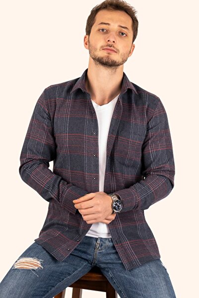 Etikmen Sötétkék piros csíkos karcsú téli favágó ing díszdobozban