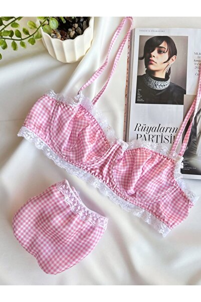 Freya Diana Pembe Dantel Balenli Kapsız Külotlu sütyen Takım