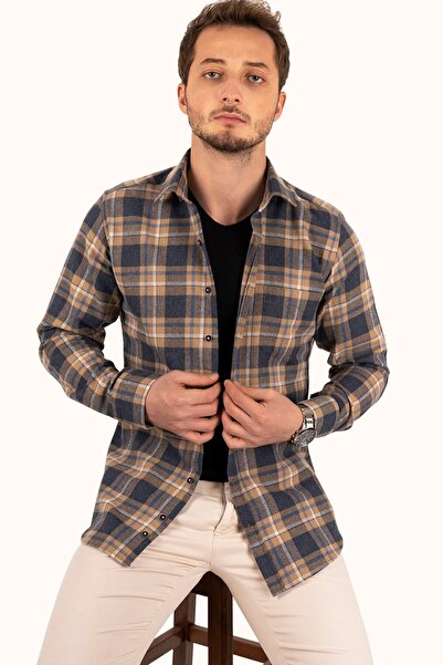 Etikmen Férfi Slimfit favágó ing - mustár sötétkék, ajándékdobozban