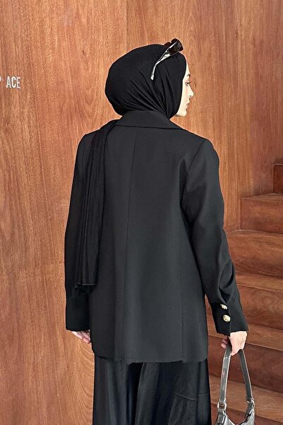 lamelif Black Blazer Jacket - Gold Buttoned