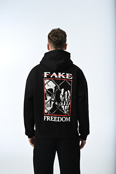 Unisex Oversize Kapüşonlu Siyah Pamuklu Sweatshirt – Fake Freedom