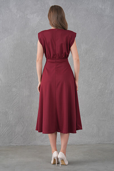 barış sülün lovebox Women's Burgundy Stretch Crepe Fabric Degaje Collar Shoulder Padded Midi Flared Evening Dress 77129