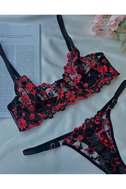 Freya Edna Kırmızı Çiçek Desenli Tanga Külotlu Sütyen Takım