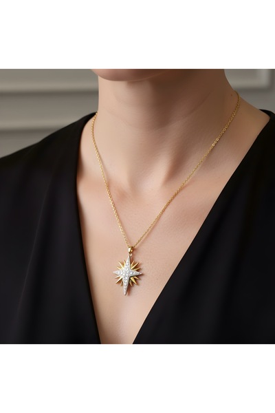 Store Yüzde Yüz Çelik Zincir Altın Kaplama Zirkon Taşlı Çelik Yıldız Kolye