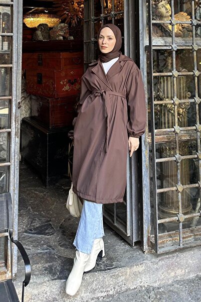 lamelif Bitter Brown Trench Coat - Elastic Sleeve Detail