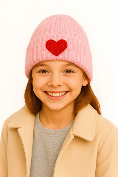 byebruketenci Beretă roz pentru copii și adolescenți cu model inimă roșie, pă...