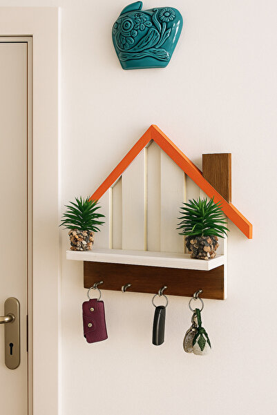 BY AHŞAP DEKOR Doğal Ahşap Ev Temalı Dekoratif Anahtarlık ve Raf