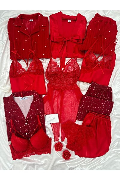 Lena Homewears 11 Pieces Red Satin Giant Sleepwear Set - Nightgown and Dressing Gown Lingerie Dowry