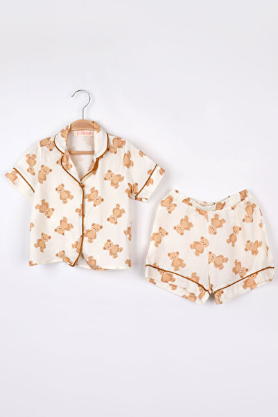 Le Mabelle Ecru Teddy Bear Patterned Pijama Set for Girls