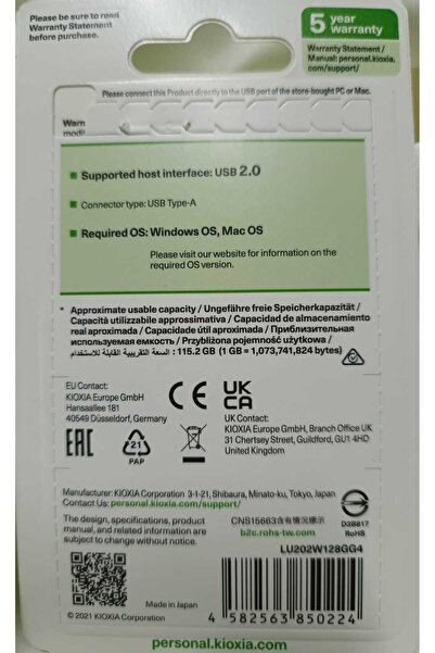 Kioxia 128Gb Usb2.0 White USB Memory Lu202W128Gg4